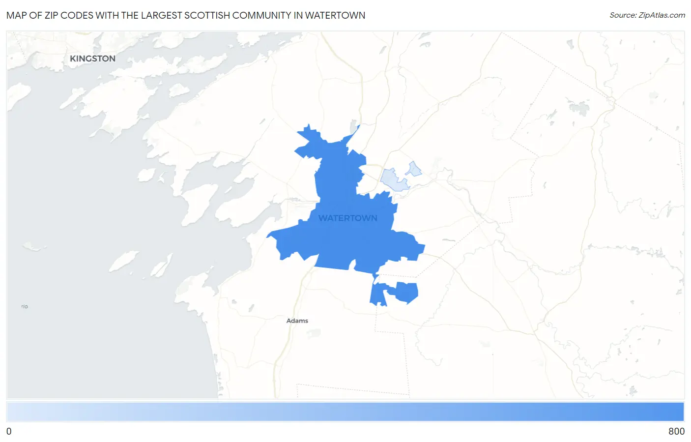 Zip Codes with the Largest Scottish Community in Watertown Map