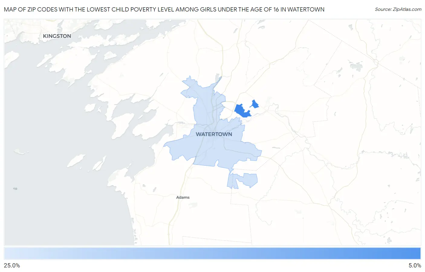 Zip Codes with the Lowest Child Poverty Level Among Girls Under the Age of 16 in Watertown Map