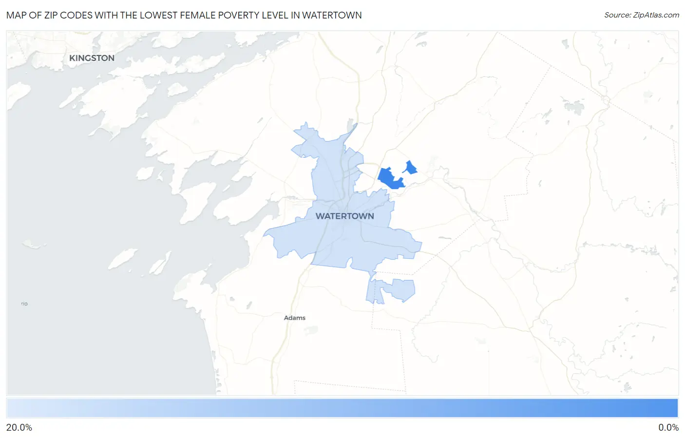 Zip Codes with the Lowest Female Poverty Level in Watertown Map