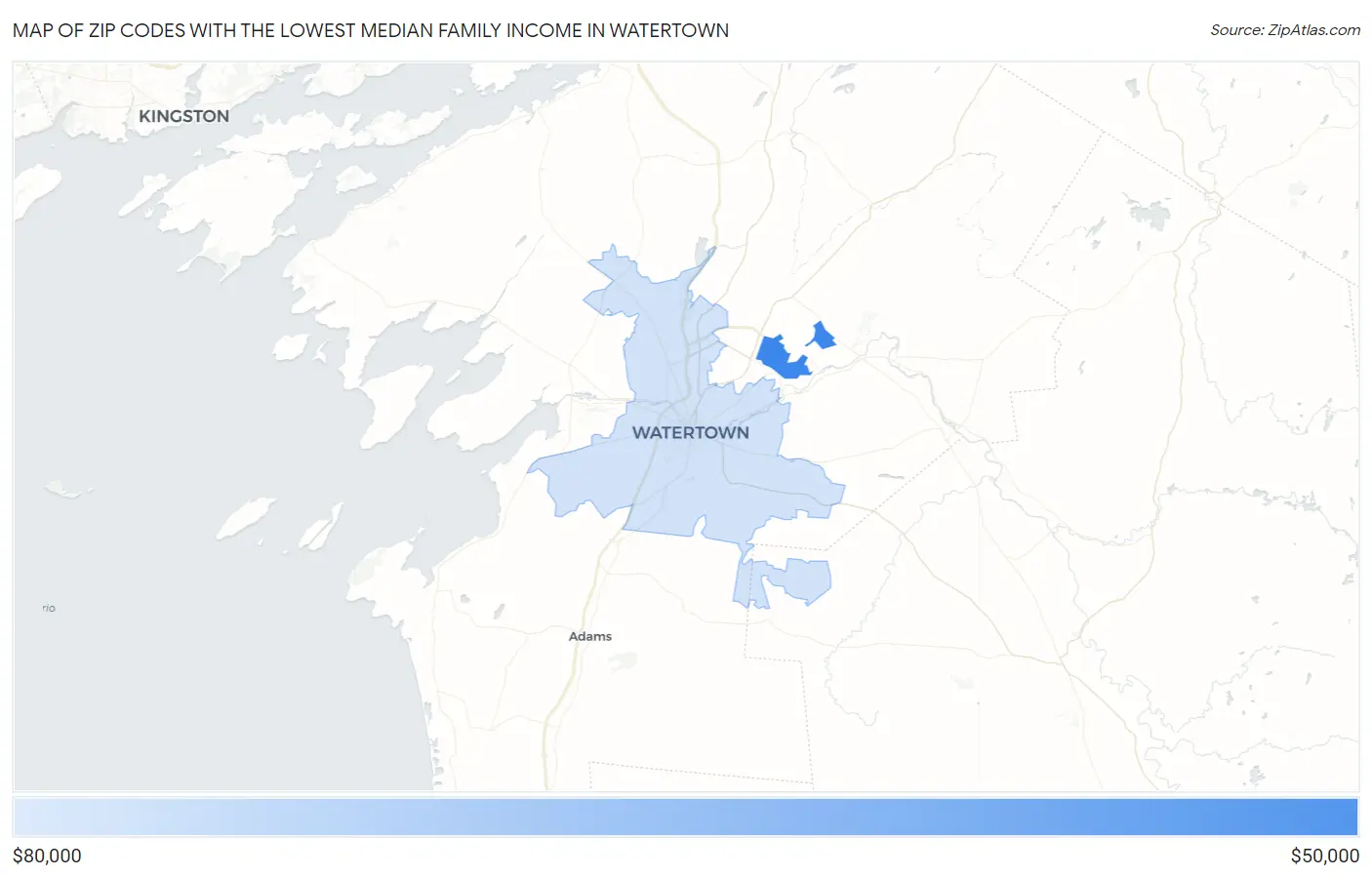 Zip Codes with the Lowest Median Family Income in Watertown Map