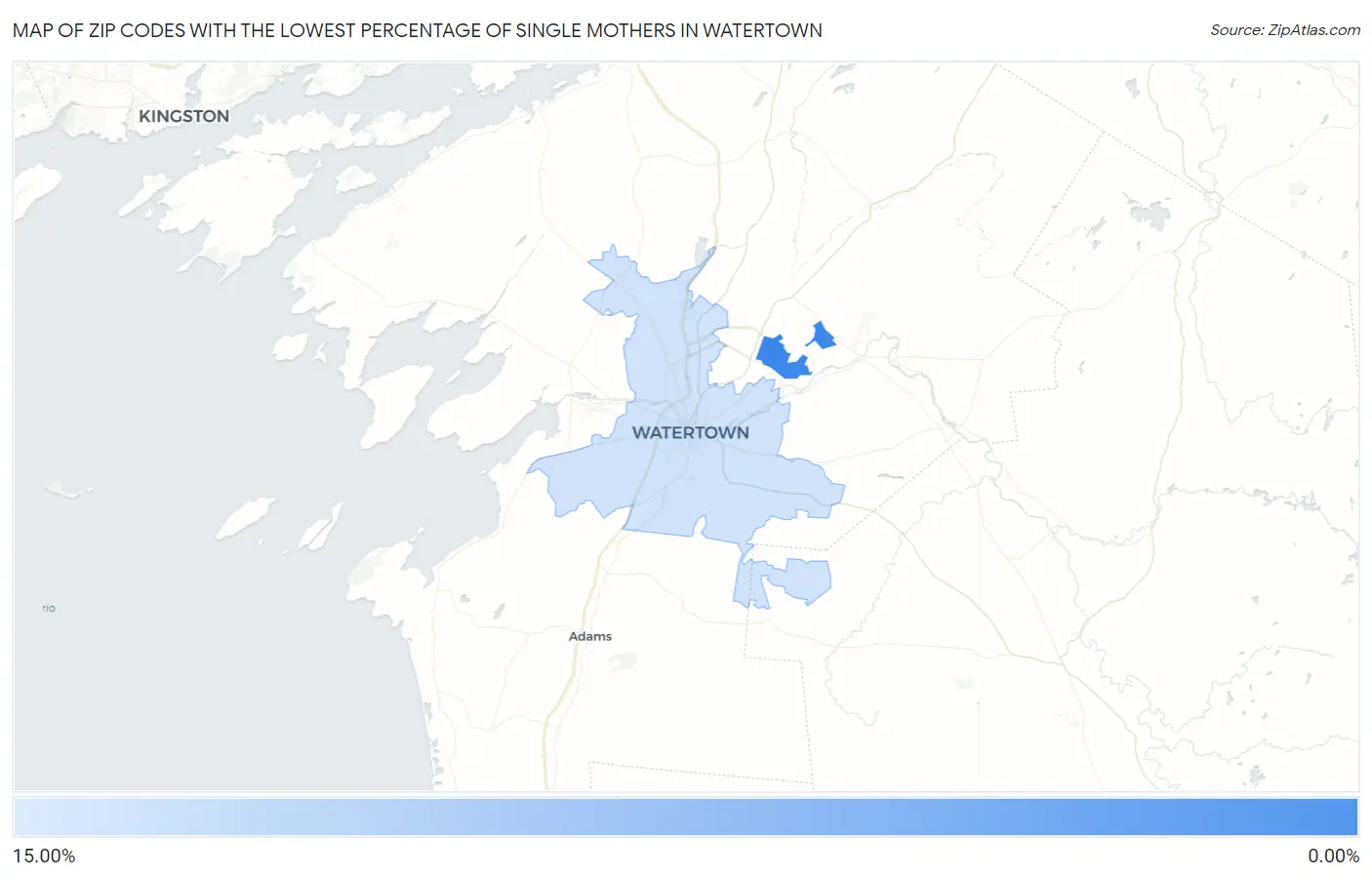 Zip Codes with the Lowest Percentage of Single Mothers in Watertown Map