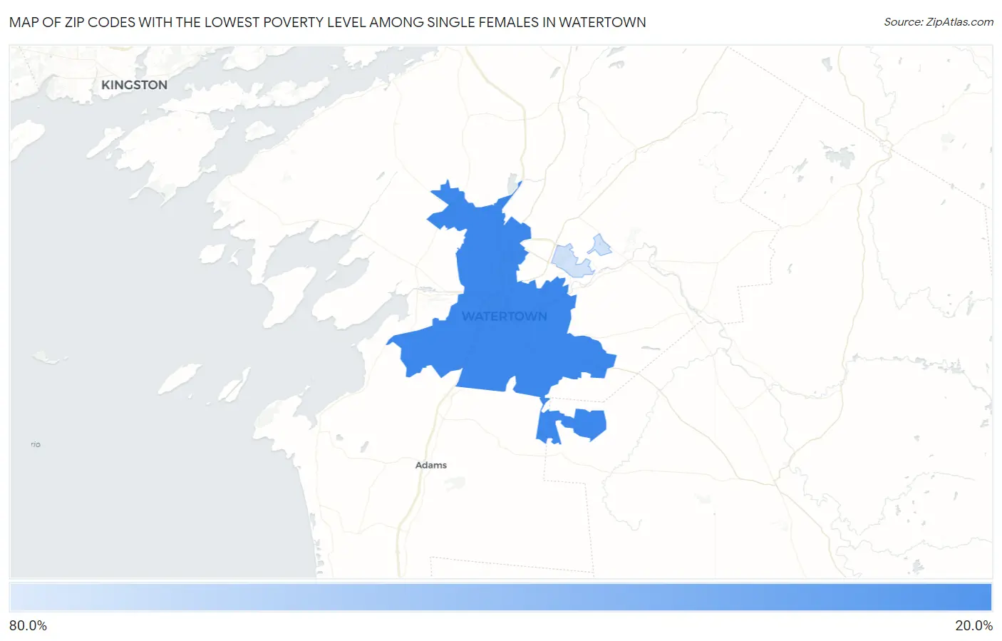 Zip Codes with the Lowest Poverty Level Among Single Females in Watertown Map