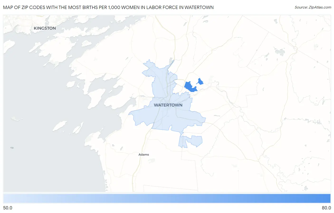 Zip Codes with the Most Births per 1,000 Women in Labor Force in Watertown Map