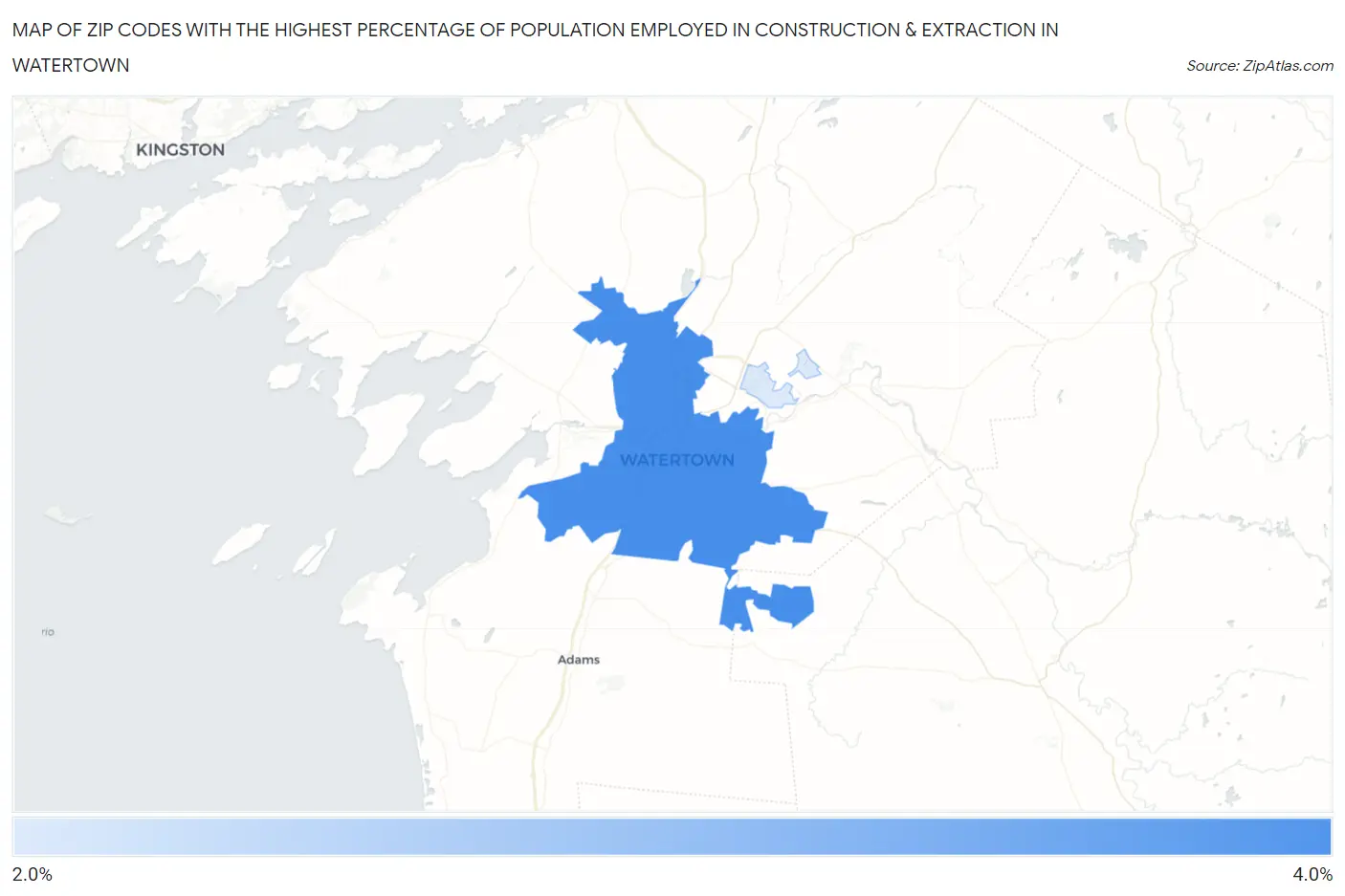 Zip Codes with the Highest Percentage of Population Employed in Construction & Extraction in Watertown Map