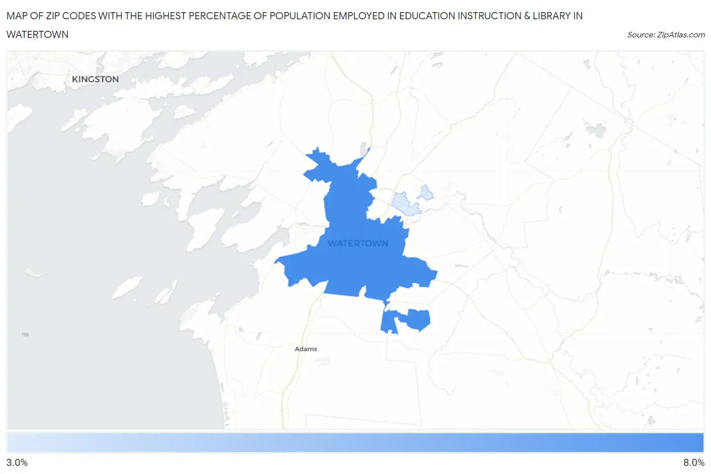 Zip Codes with the Highest Percentage of Population Employed in Education Instruction & Library in Watertown Map