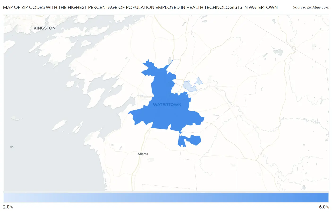Zip Codes with the Highest Percentage of Population Employed in Health Technologists in Watertown Map
