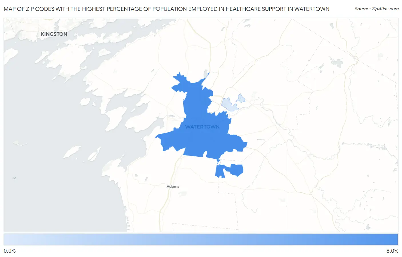 Zip Codes with the Highest Percentage of Population Employed in Healthcare Support in Watertown Map