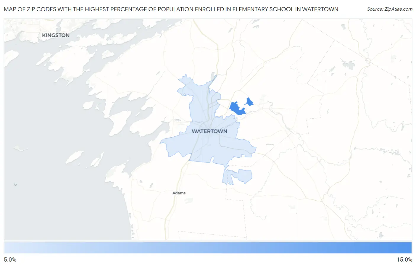 Zip Codes with the Highest Percentage of Population Enrolled in Elementary School in Watertown Map