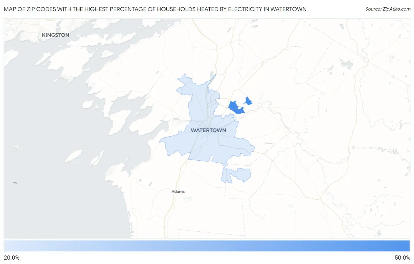 Zip Codes with the Highest Percentage of Households Heated by Electricity in Watertown Map