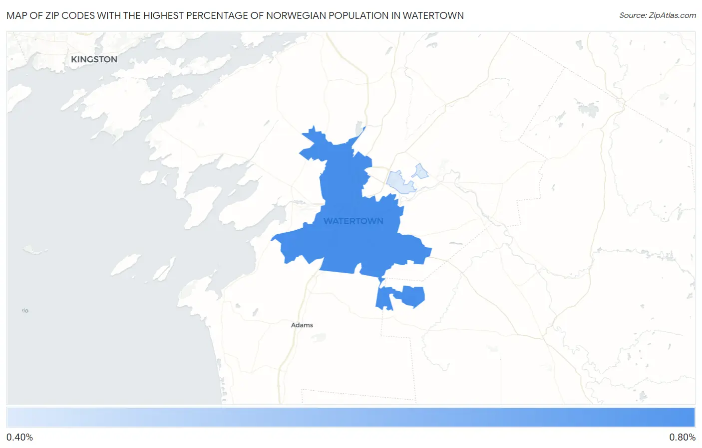 Zip Codes with the Highest Percentage of Norwegian Population in Watertown Map