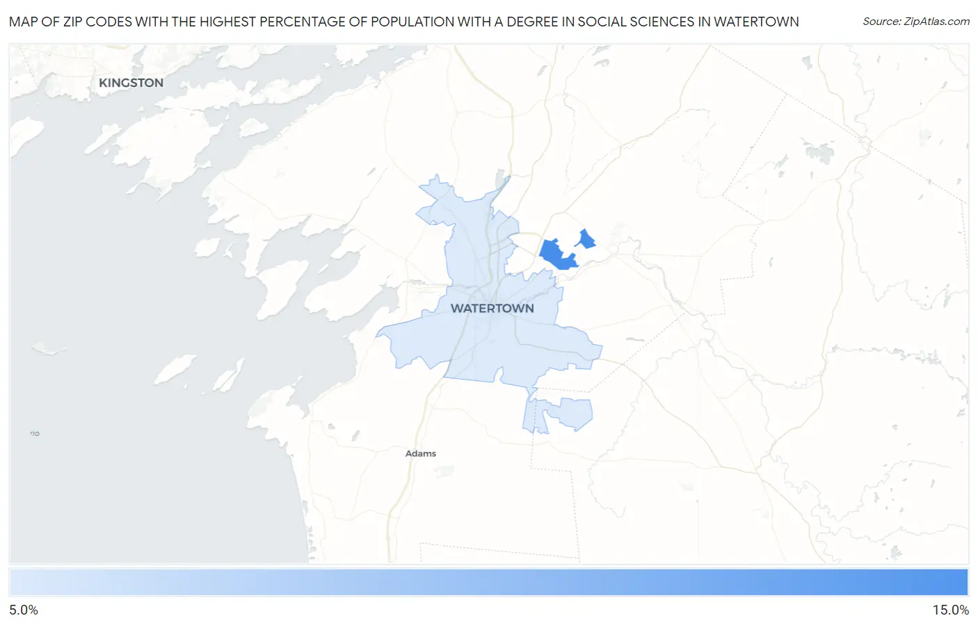 Zip Codes with the Highest Percentage of Population with a Degree in Social Sciences in Watertown Map
