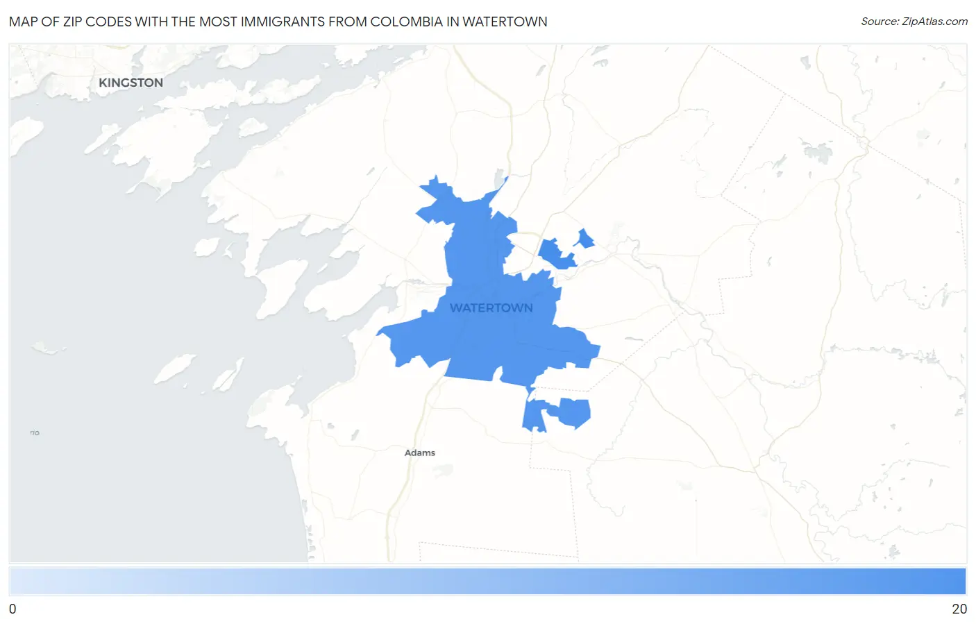 Zip Codes with the Most Immigrants from Colombia in Watertown Map