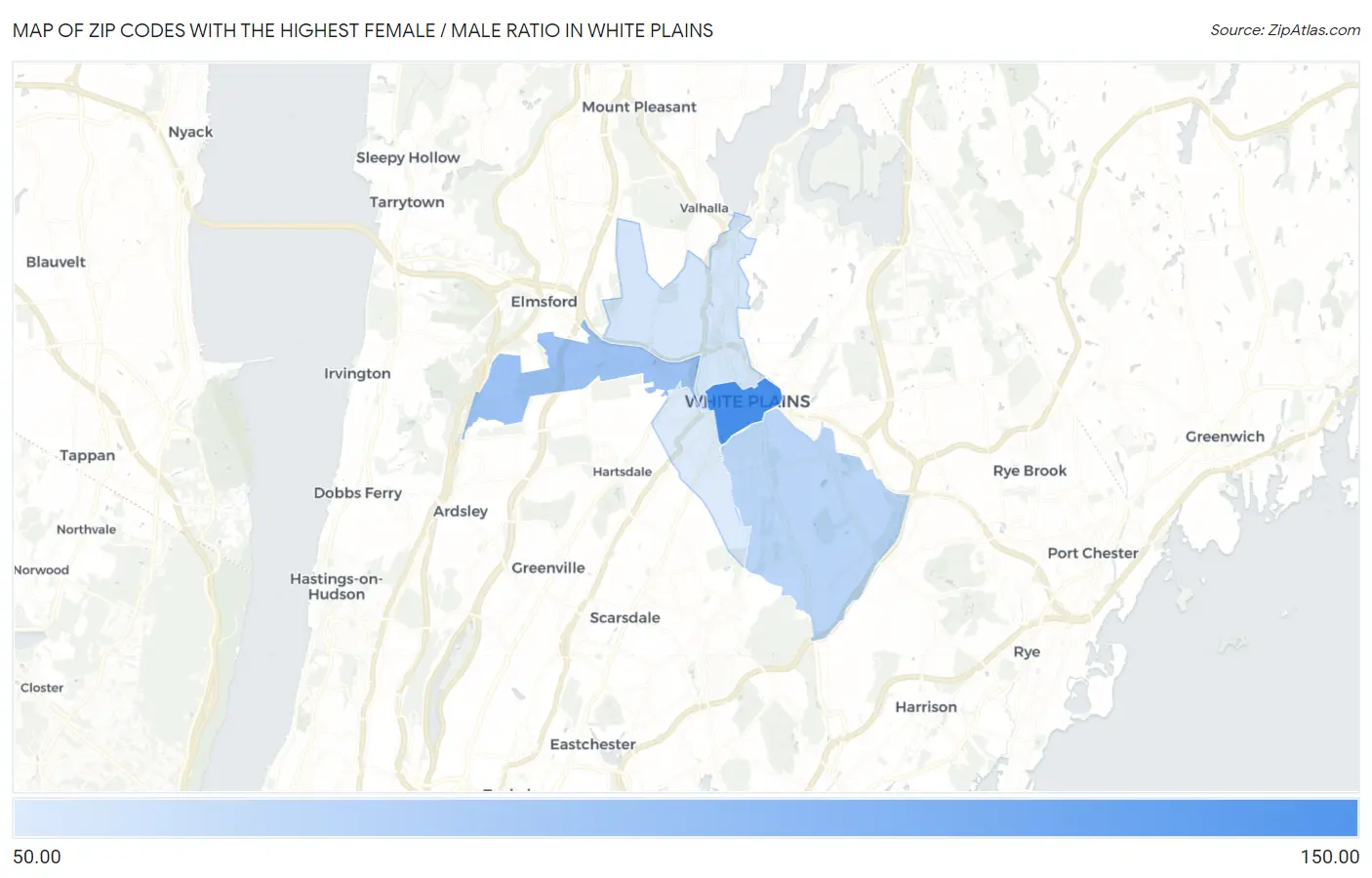Zip Codes with the Highest Female / Male Ratio in White Plains Map