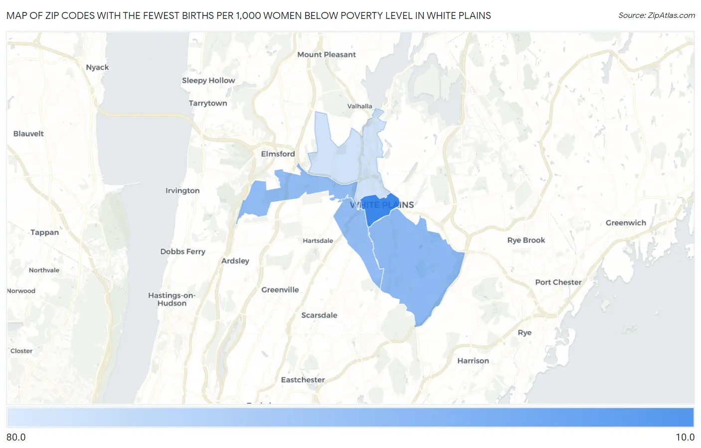 Zip Codes with the Fewest Births per 1,000 Women Below Poverty Level in White Plains Map