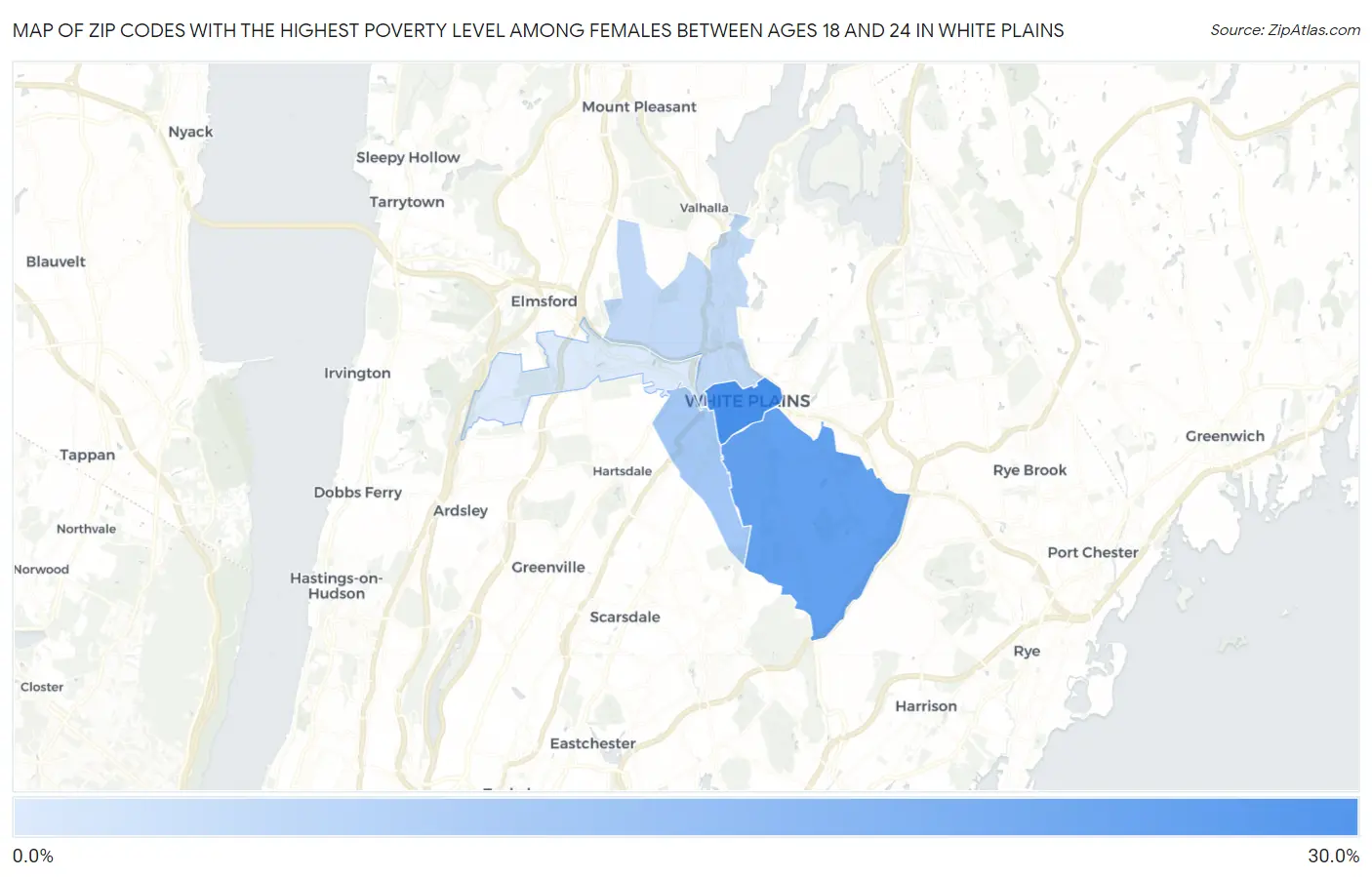 Zip Codes with the Highest Poverty Level Among Females Between Ages 18 and 24 in White Plains Map