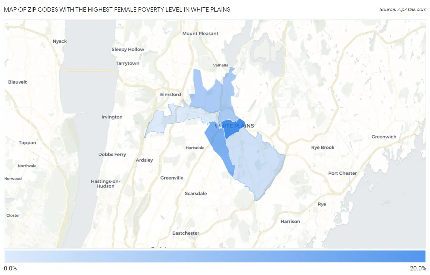 Zip Codes with the Highest Female Poverty Level in White Plains Map