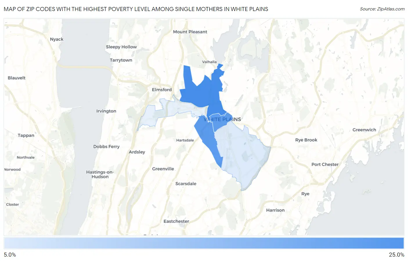 Zip Codes with the Highest Poverty Level Among Single Mothers in White Plains Map