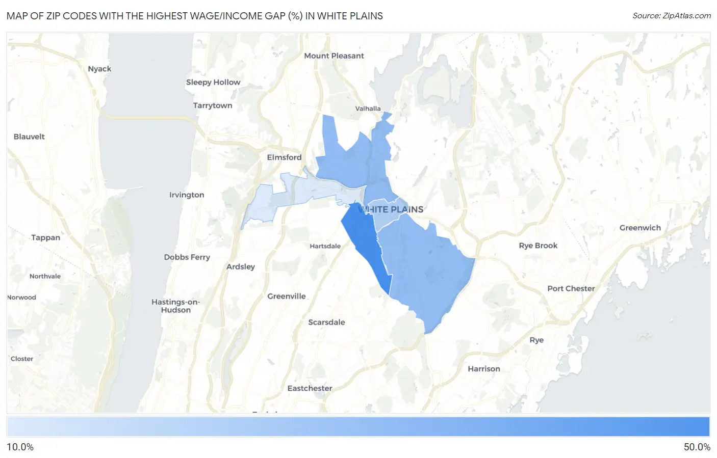 Zip Codes with the Highest Wage/Income Gap (%) in White Plains Map