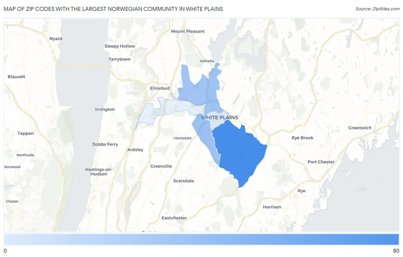 Zip Codes with the Largest Norwegian Community in White Plains Map