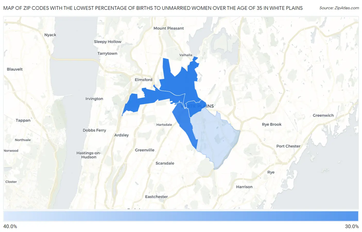 Zip Codes with the Lowest Percentage of Births to Unmarried Women over the Age of 35 in White Plains Map