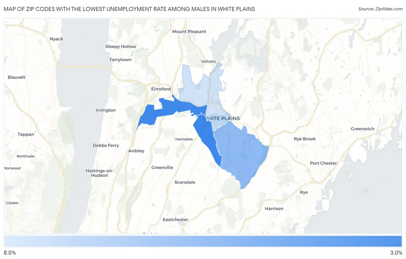 Zip Codes with the Lowest Unemployment Rate Among Males in White Plains Map