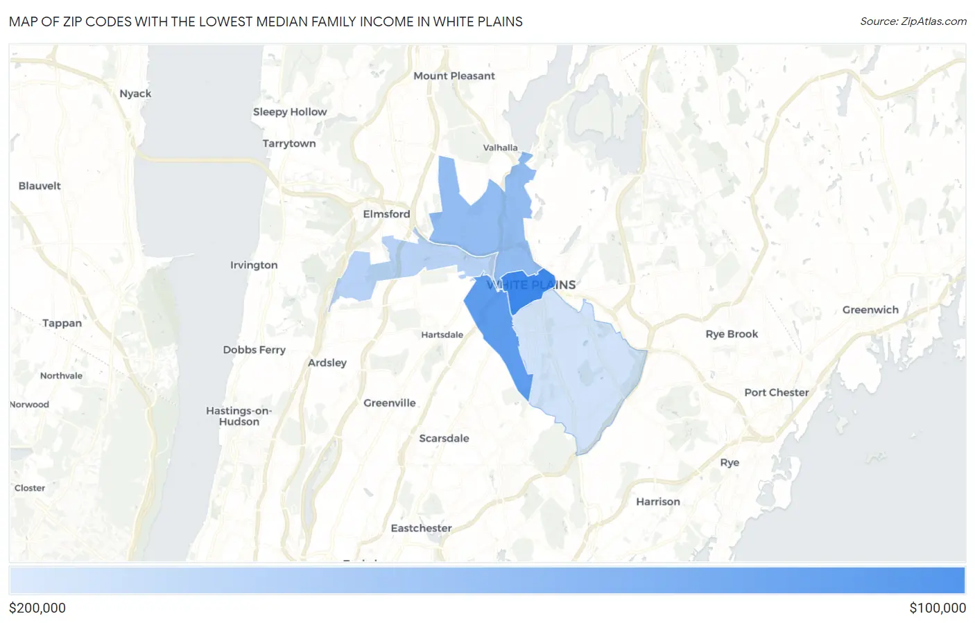 Zip Codes with the Lowest Median Family Income in White Plains Map