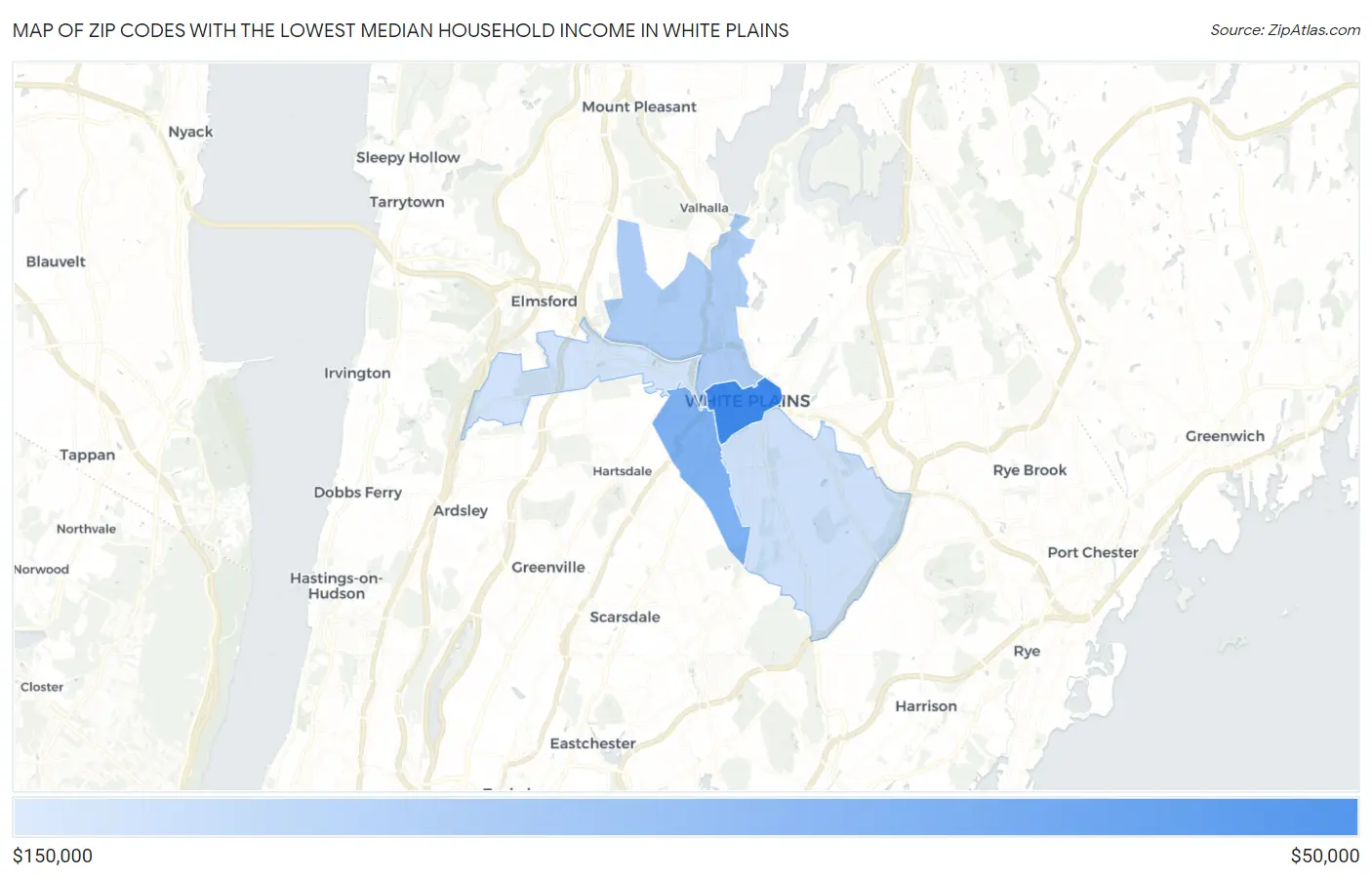 Zip Codes with the Lowest Median Household Income in White Plains Map