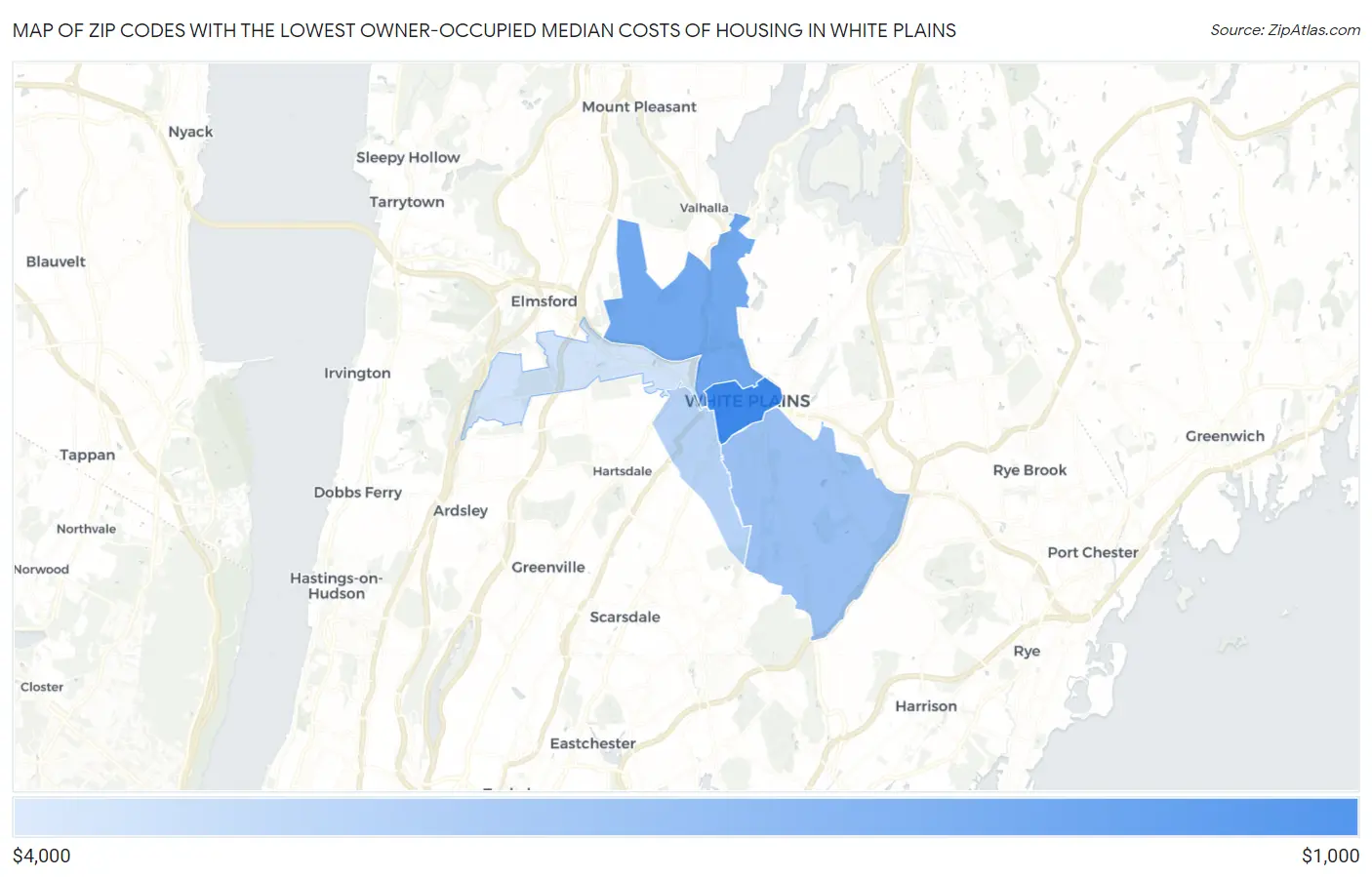 Zip Codes with the Lowest Owner-Occupied Median Costs of Housing in White Plains Map