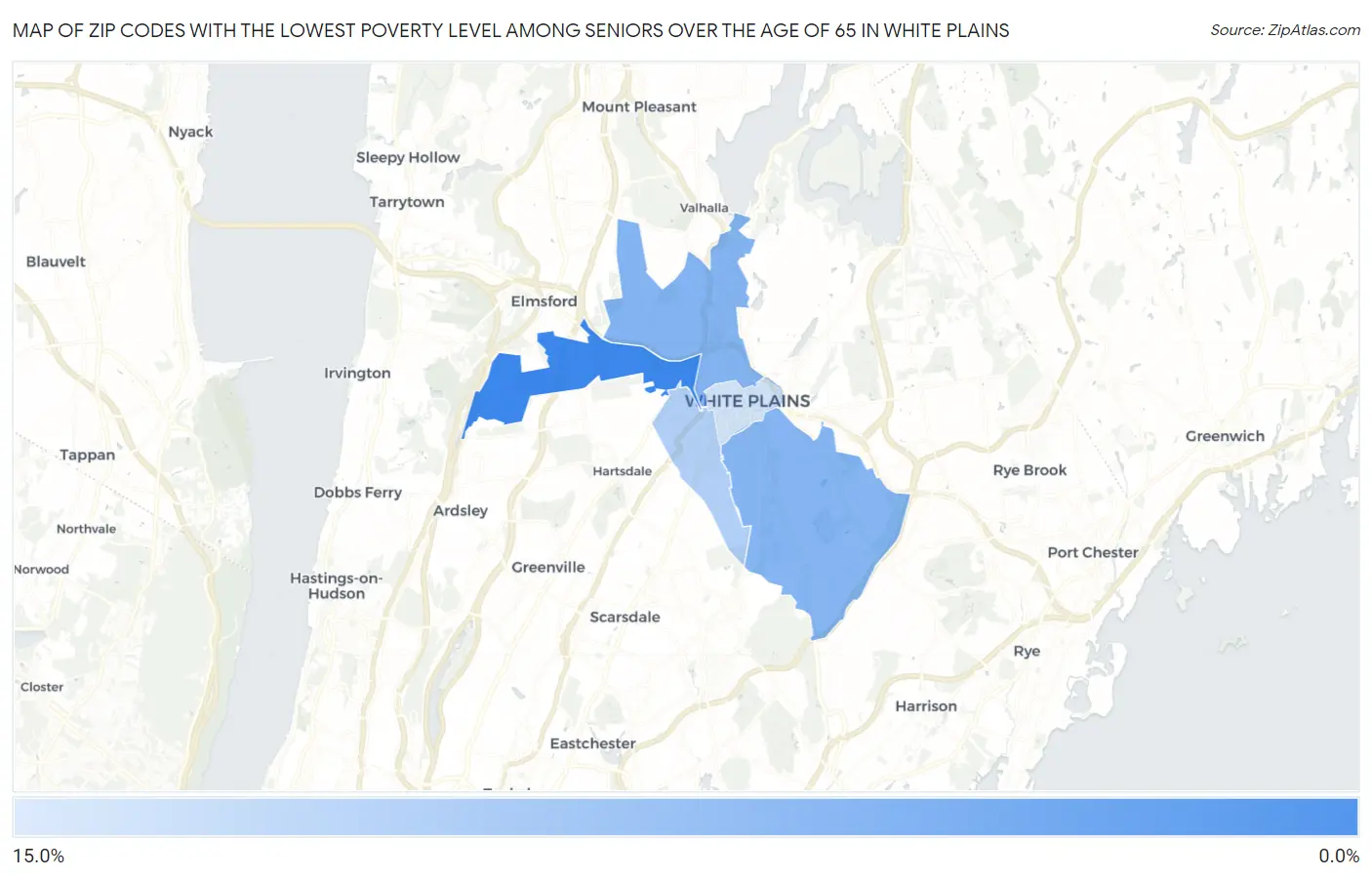 Zip Codes with the Lowest Poverty Level Among Seniors Over the Age of 65 in White Plains Map