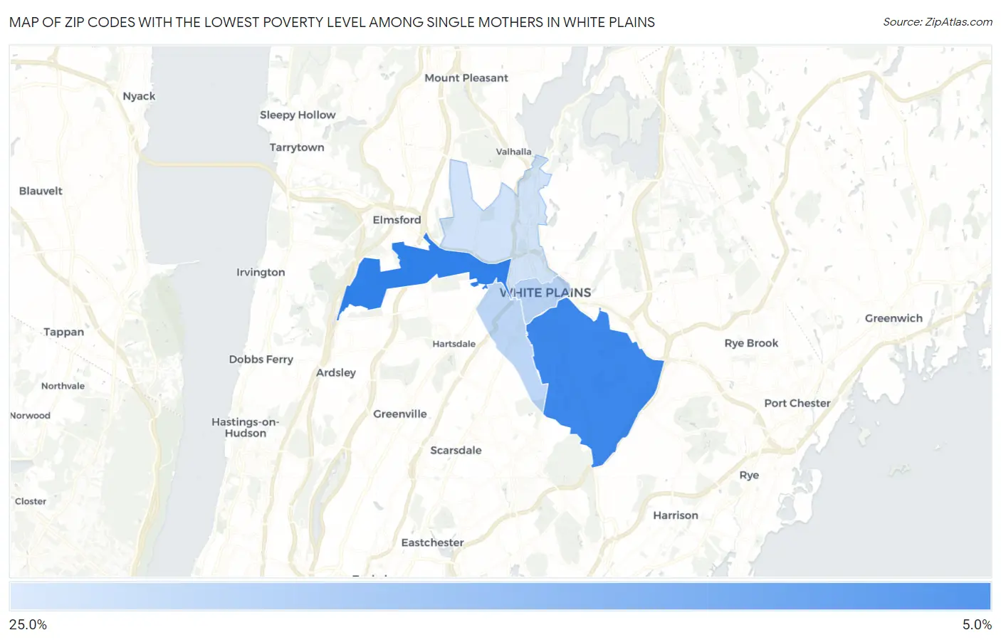 Zip Codes with the Lowest Poverty Level Among Single Mothers in White Plains Map