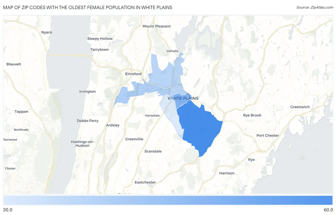 Zip Codes with the Oldest Female Population in White Plains Map