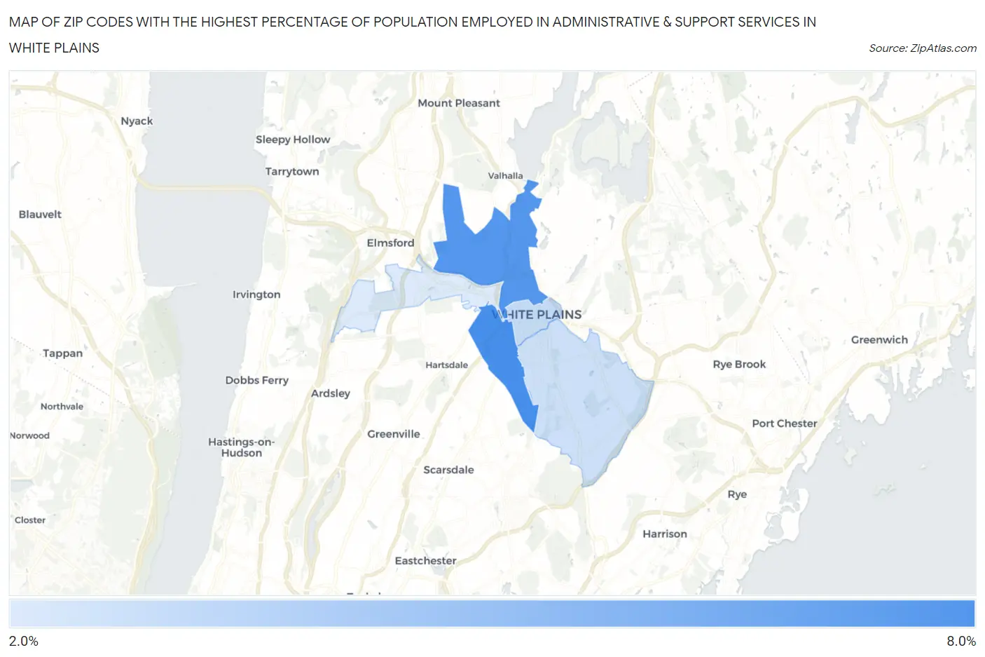 Zip Codes with the Highest Percentage of Population Employed in Administrative & Support Services in White Plains Map