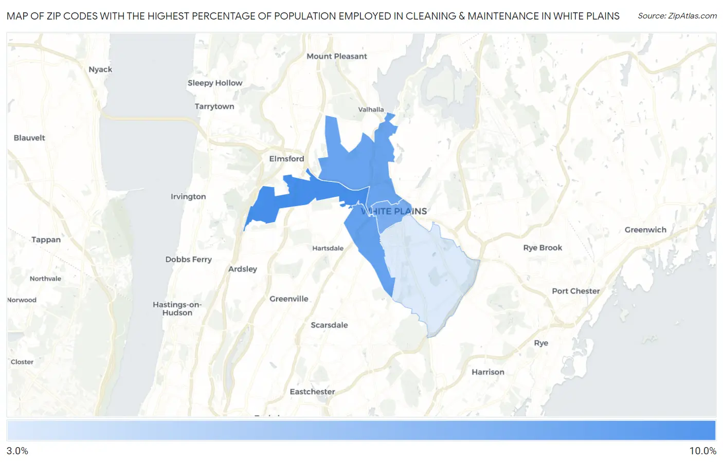 Zip Codes with the Highest Percentage of Population Employed in Cleaning & Maintenance in White Plains Map