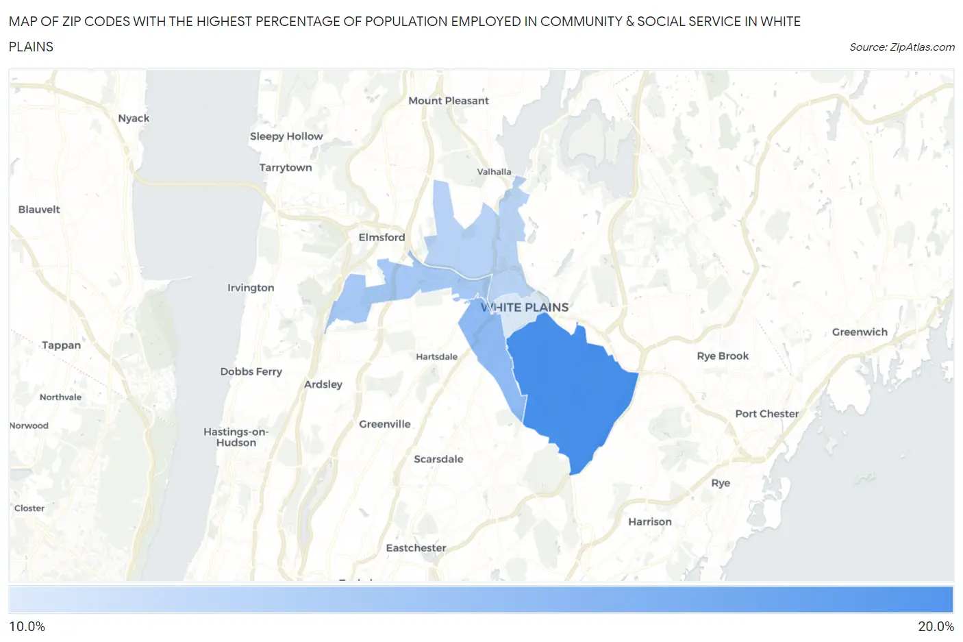 Zip Codes with the Highest Percentage of Population Employed in Community & Social Service  in White Plains Map