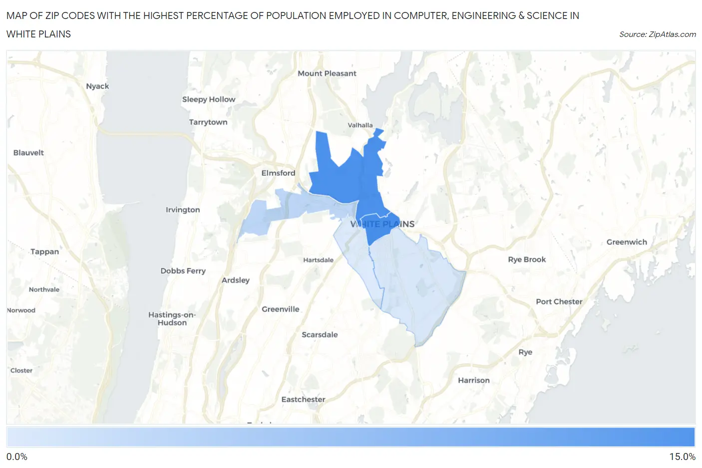 Zip Codes with the Highest Percentage of Population Employed in Computer, Engineering & Science in White Plains Map