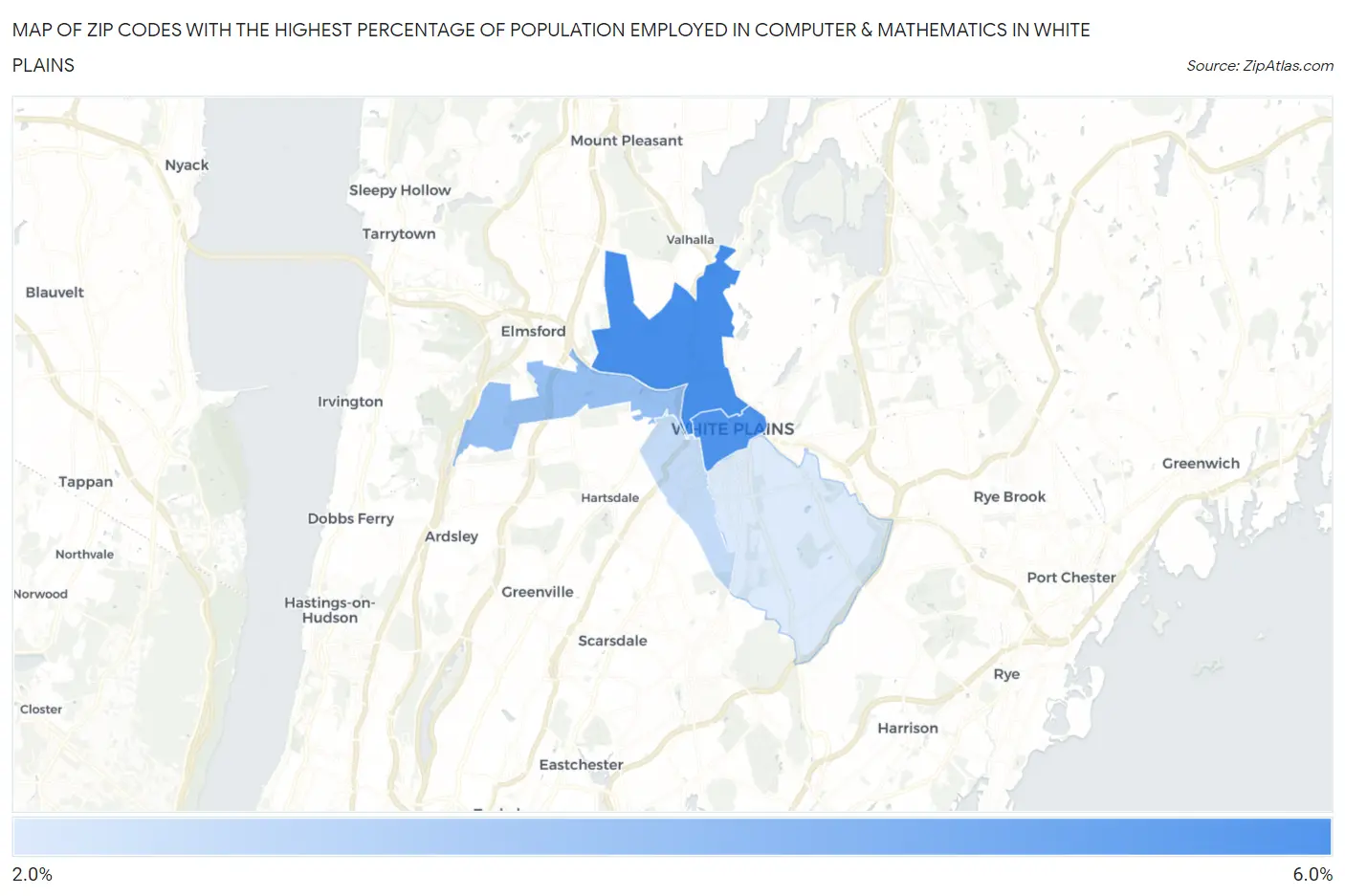 Zip Codes with the Highest Percentage of Population Employed in Computer & Mathematics in White Plains Map