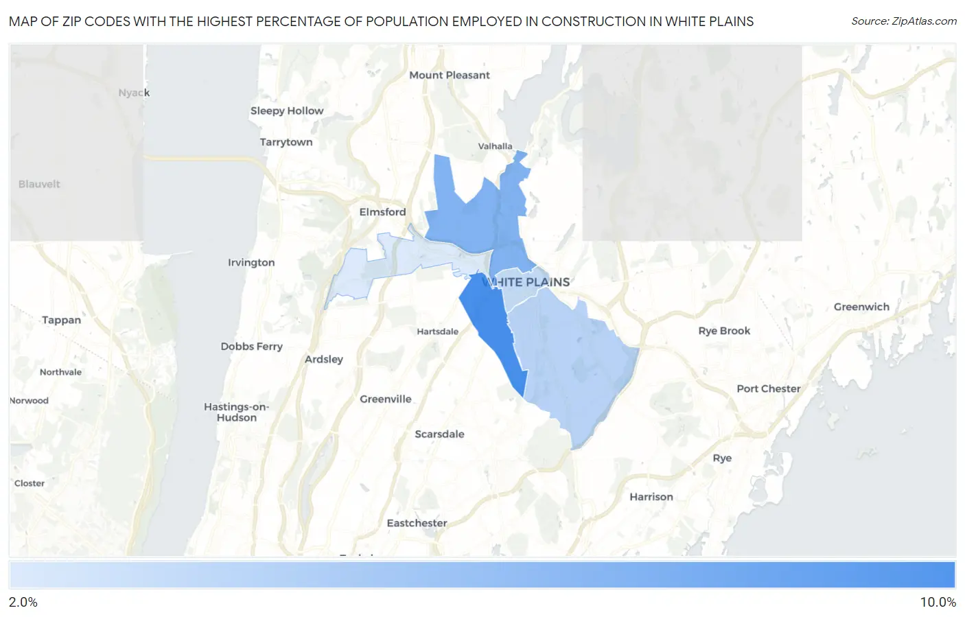 Zip Codes with the Highest Percentage of Population Employed in Construction in White Plains Map