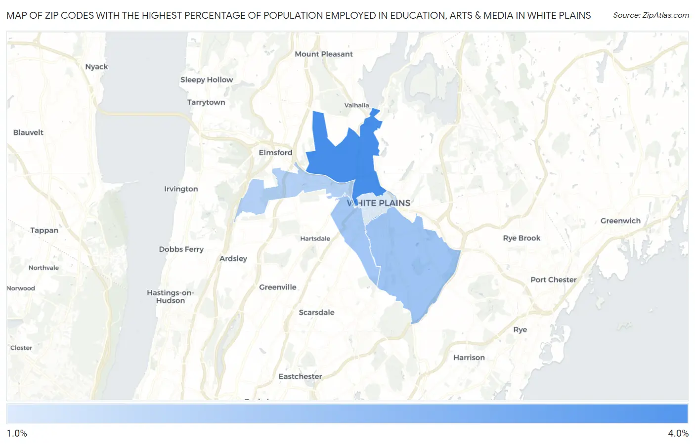 Zip Codes with the Highest Percentage of Population Employed in Education, Arts & Media in White Plains Map