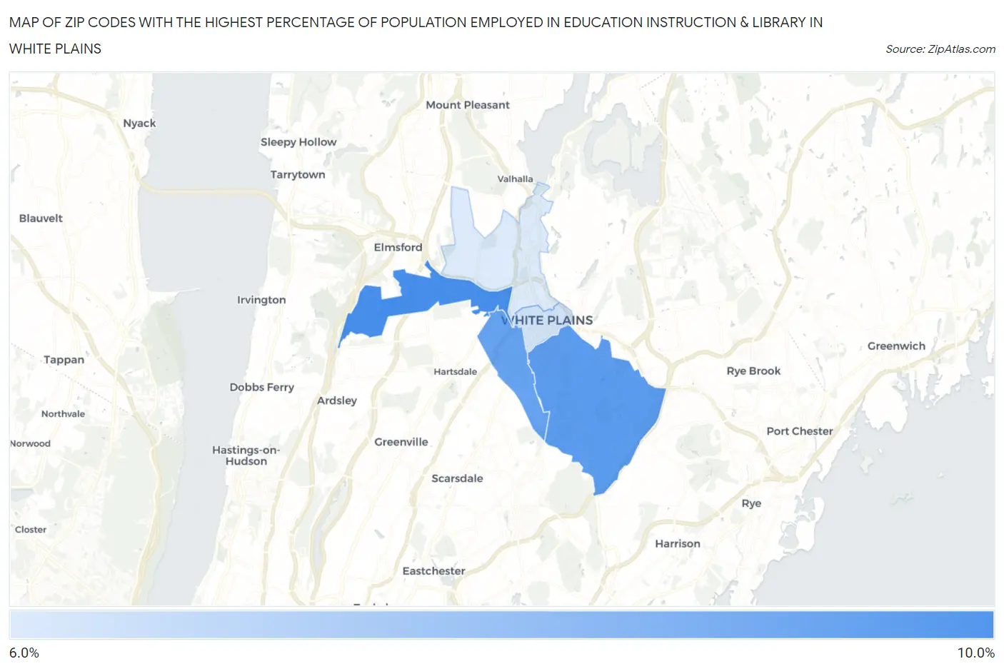 Zip Codes with the Highest Percentage of Population Employed in Education Instruction & Library in White Plains Map