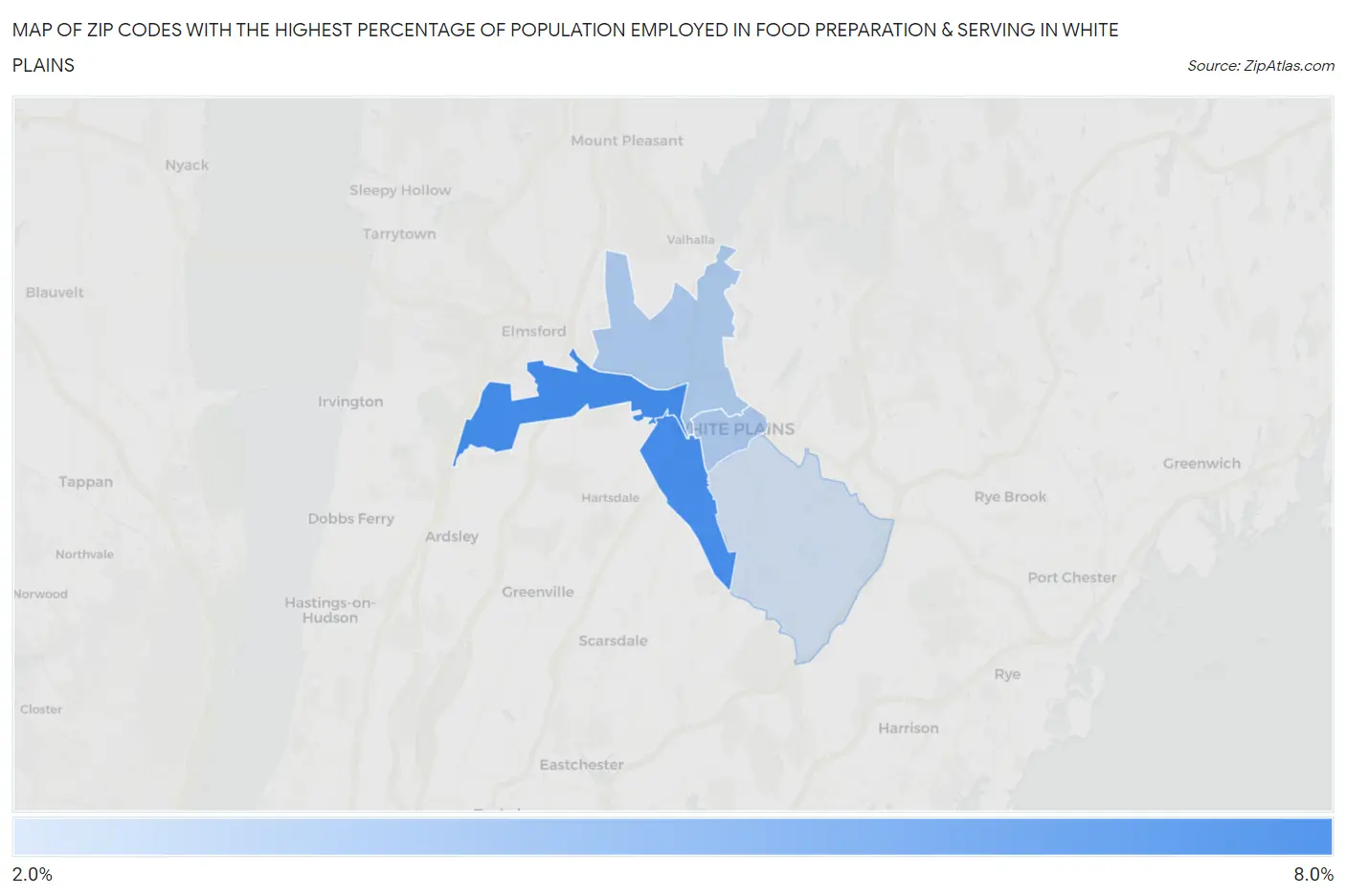 Zip Codes with the Highest Percentage of Population Employed in Food Preparation & Serving in White Plains Map