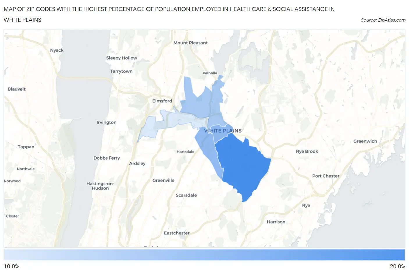Zip Codes with the Highest Percentage of Population Employed in Health Care & Social Assistance in White Plains Map