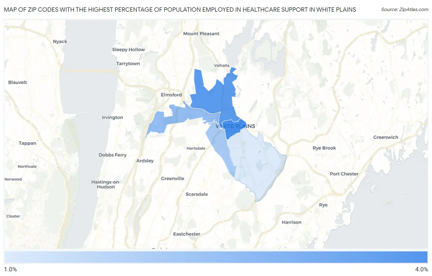 Zip Codes with the Highest Percentage of Population Employed in Healthcare Support in White Plains Map