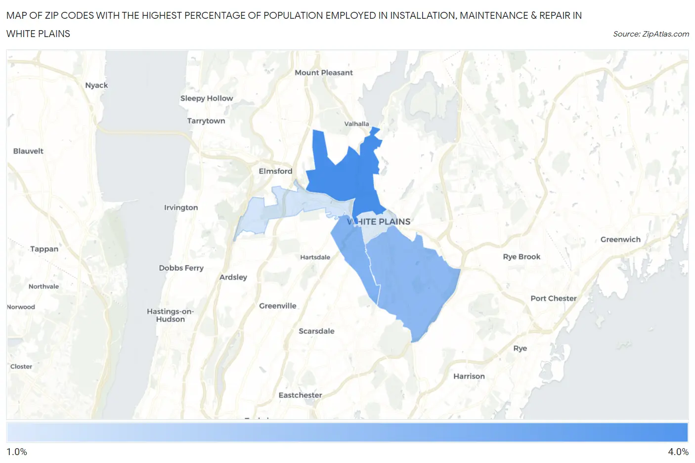 Zip Codes with the Highest Percentage of Population Employed in Installation, Maintenance & Repair in White Plains Map