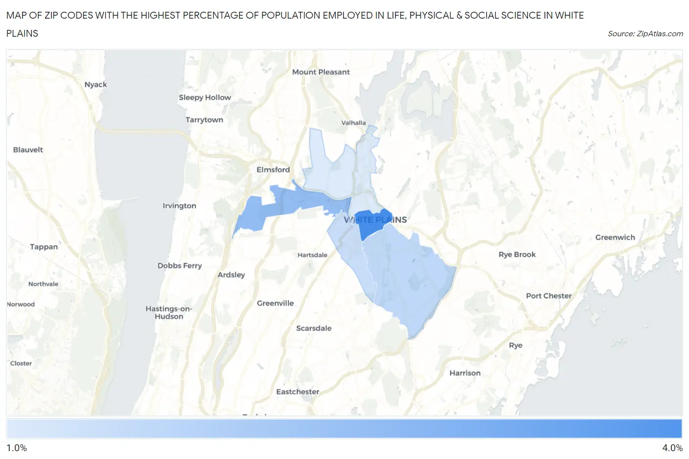 Zip Codes with the Highest Percentage of Population Employed in Life, Physical & Social Science in White Plains Map
