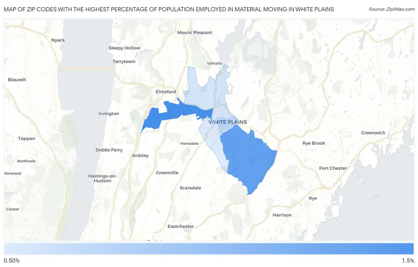 Zip Codes with the Highest Percentage of Population Employed in Material Moving in White Plains Map