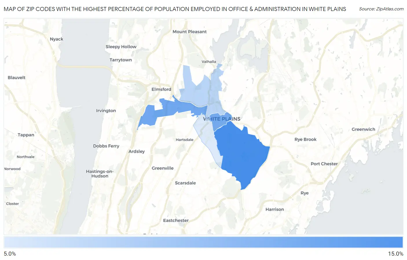 Zip Codes with the Highest Percentage of Population Employed in Office & Administration in White Plains Map