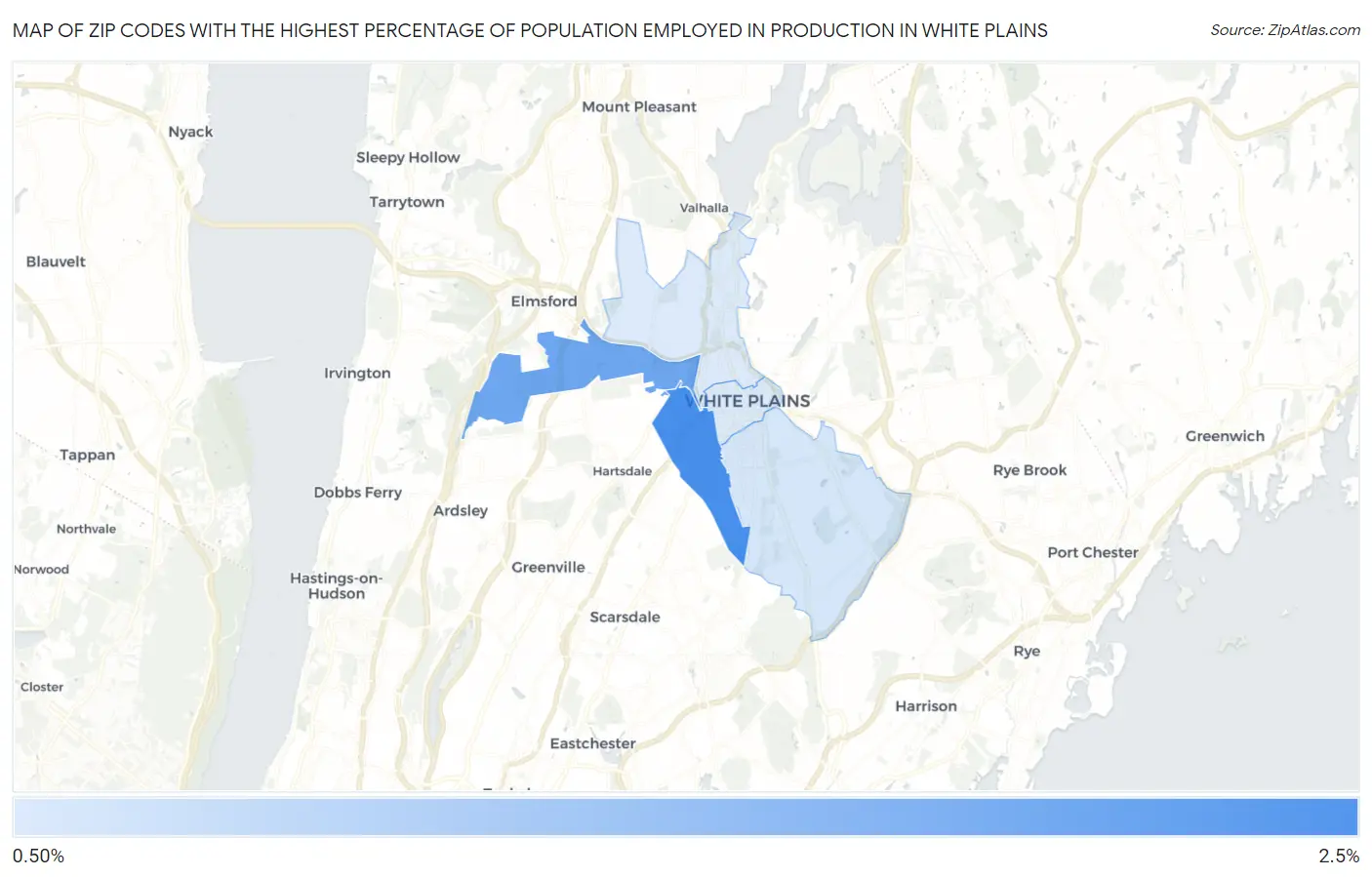 Zip Codes with the Highest Percentage of Population Employed in Production in White Plains Map