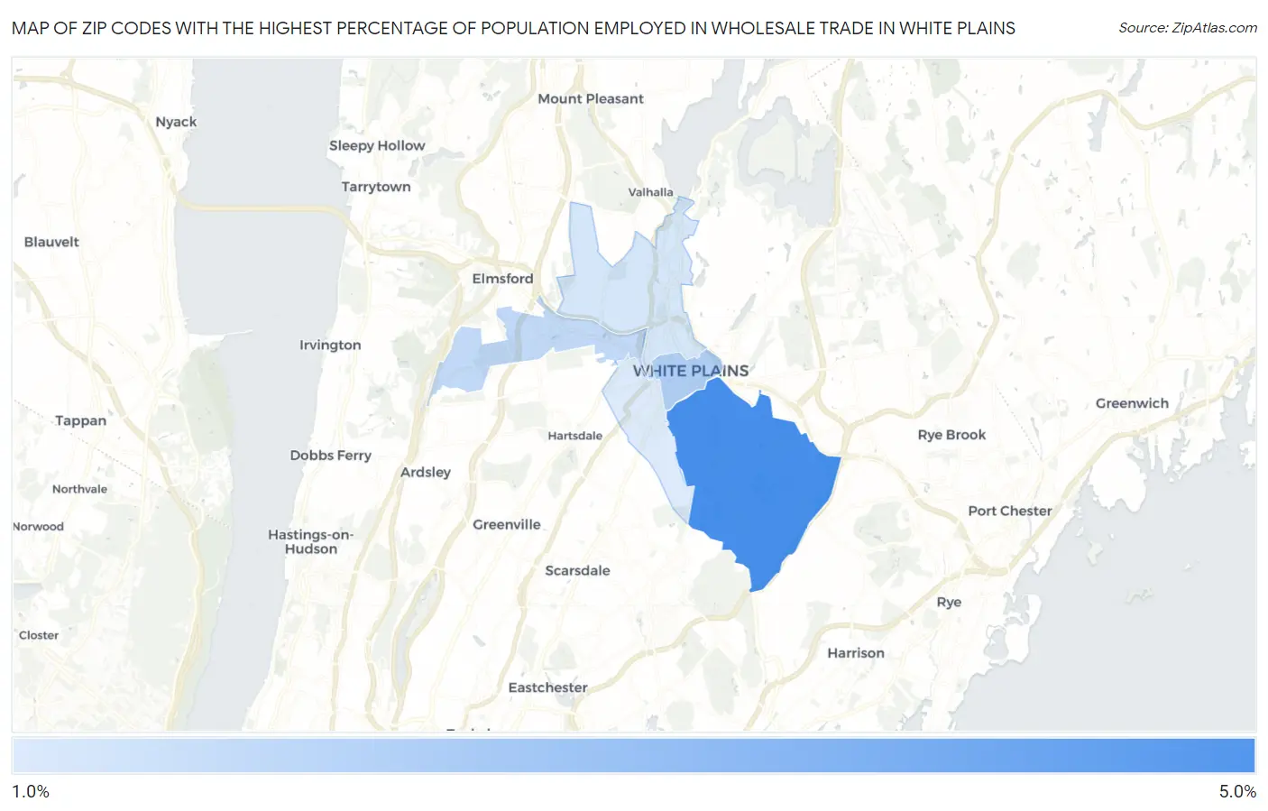 Zip Codes with the Highest Percentage of Population Employed in Wholesale Trade in White Plains Map