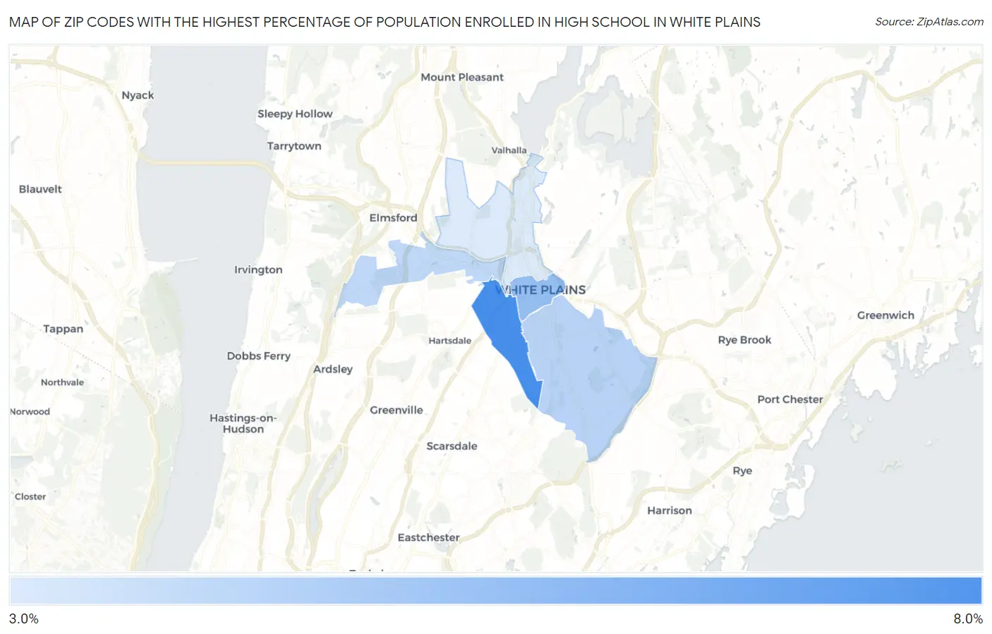Zip Codes with the Highest Percentage of Population Enrolled in High School in White Plains Map