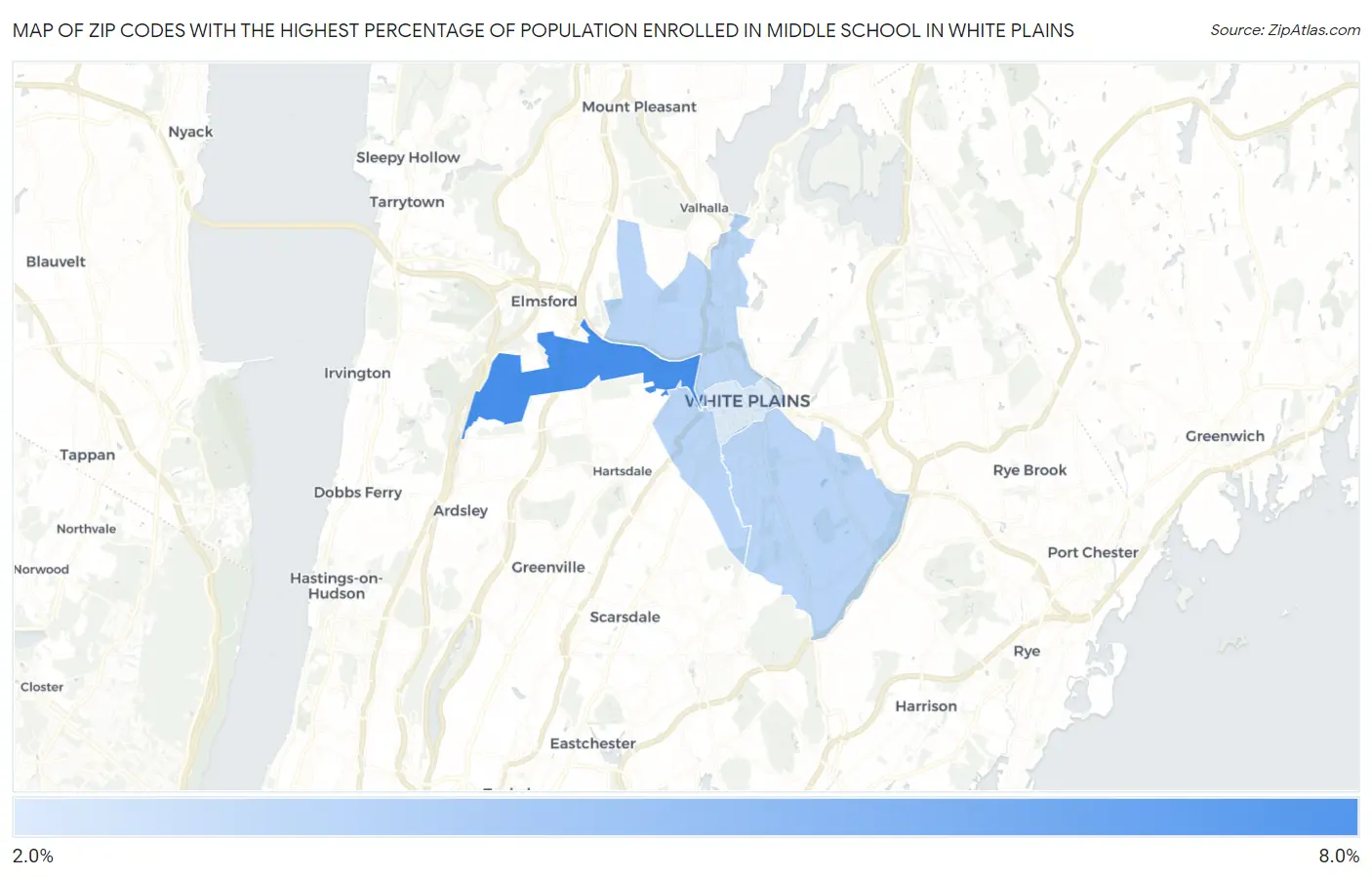 Zip Codes with the Highest Percentage of Population Enrolled in Middle School in White Plains Map